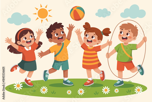 Ball games and outdoor fun with multicultural children, vector cartoon illustration of happy kids playing together in sunny park, enjoying jump rope, summer playtime, and friendship activities.