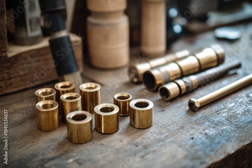 Close up view of shiny brass mechanical parts and fittings lying on a textured wooden surface in an old workshop.
