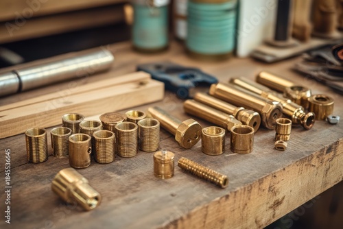 Many polished brass metal components and various small precision engineering parts are neatly arranged on a rustic wooden workbench in a professional workshop.