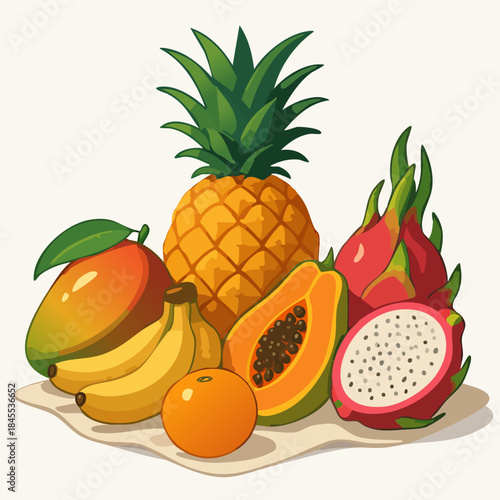 Colorful Tropical Fruit Collection Illustrated in Clean Flat Vector Style