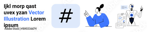 Human character pointing at a metadata tag icon, AI robot analyzing data, and text elements. Ideal for digital trends, AI analysis, innovation, teamwork, data management, education simple landing