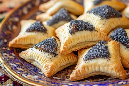 Delicious baked triangular pastries topped with black poppy seeds and sweet fruit filling are artfully arranged on a decorative plate, ready to enjoy.