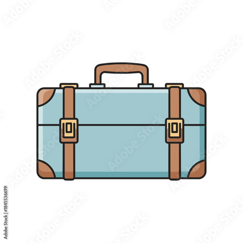 Vintage light blue suitcase with brown leather accents and straps.