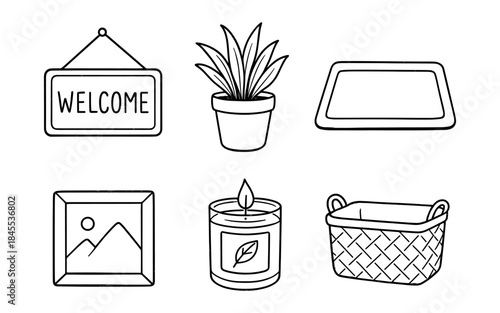 Collection of simple line art icons for home decor and organization