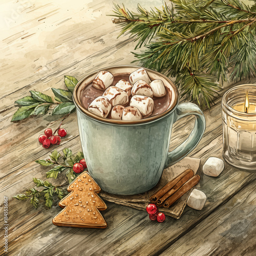 Cozy Christmas greeting card. Cup of hot chocolate with marshmallows and cookies on vintage wooden table, watercolor