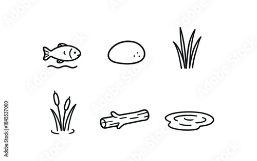 quiet stream hand drawn cute doodle style small fish river pebble tall grass water reed drift wood shallow pool