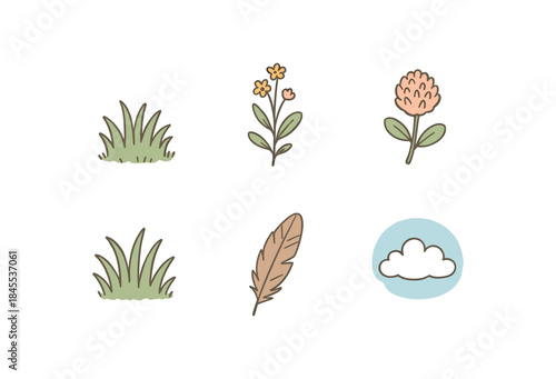 calm meadow hand drawn cute doodle style pasture tuft wild bloom soft clover meadow tuft bird feather clear sky