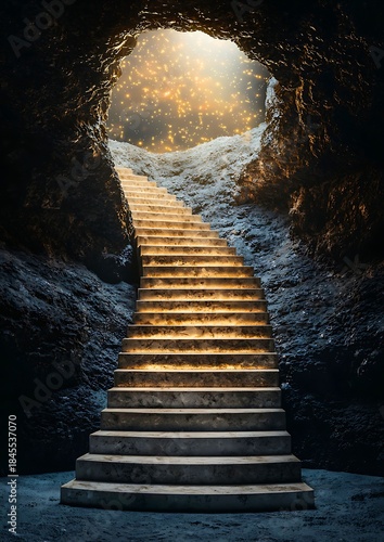 Stairway leading out of a cave, illuminated by light 