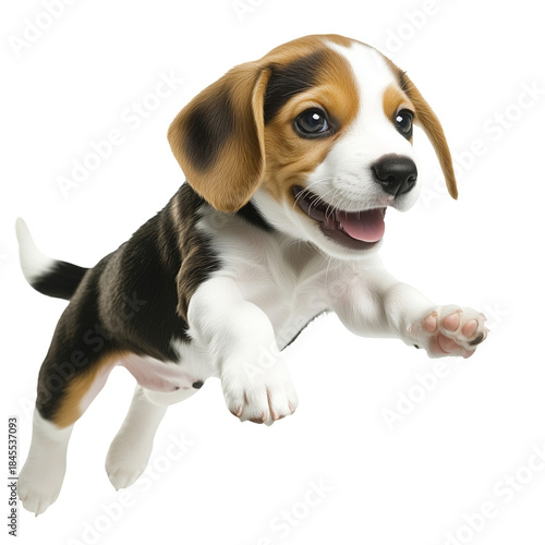 Happy Beagle Puppy Jumping in the Air With Joy in a Bright Space
