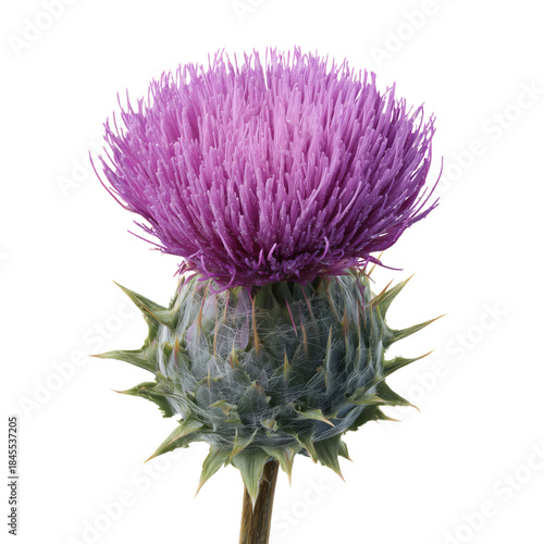 Purple Thistle Bloom on a Green Stem in a Sunny Field During Summer