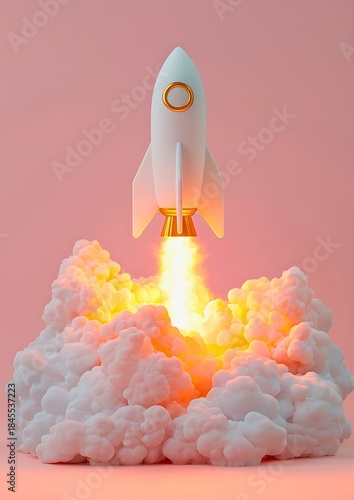 A rocket taking off with a burst of flames and smoke, set against a pink background. A sense of innovation and progress.