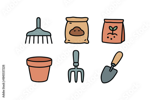 garden shed hand drawn cute doodle style rake head soil bag seed pot garden fork earth trowel