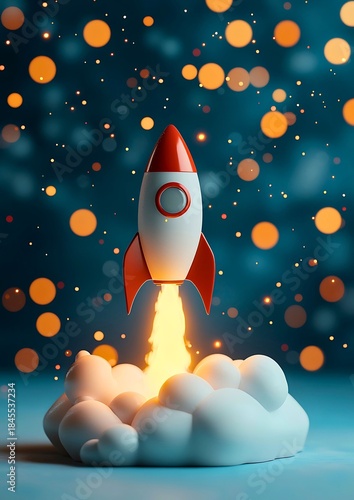 A rocket ship blasting off into the stars, with a trail of smoke and flames beneath. The rocket is poised for an adventure