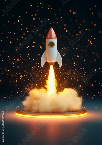 A rocket blasting off into space, with a trail of fire and smoke. The rocket has a red nose and white body, and is surrounded by sparkling lights