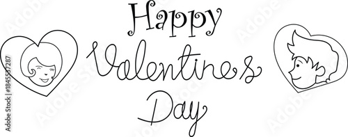 Happy Valentine's Day Line Art with Hearts, Characters, and Winking Couple Illustration