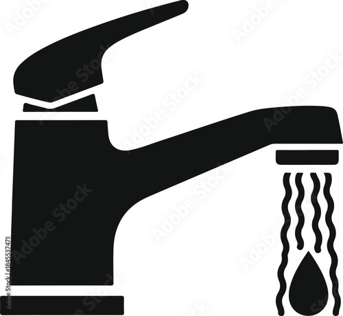 Black silhouette icon of a modern faucet with water flowing