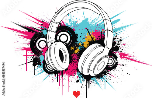 Stylized headphones with abstract background, music and heart theme, urban paint splash design, vector illustration, vibrant audio culture concept