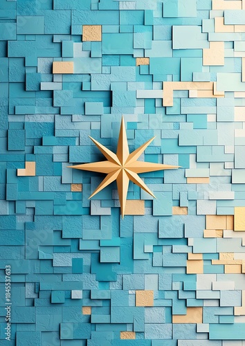 A golden star compass on a blue tiled background, navigation and exploration concept. The star represents guidance and direction, set against a backdrop of varying shades of blue