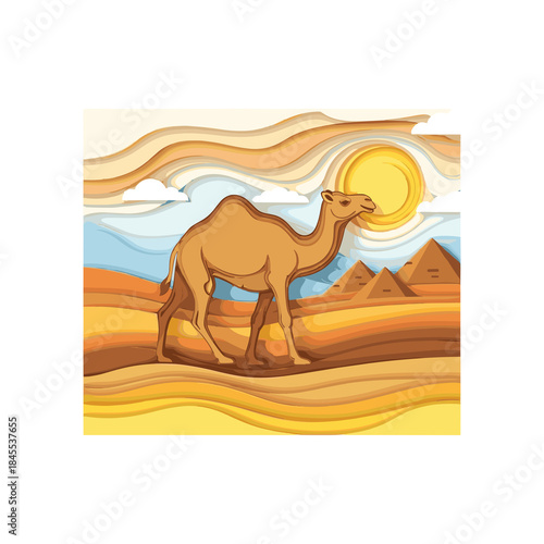 Camel walking in desert landscape with pyramids and sunset  