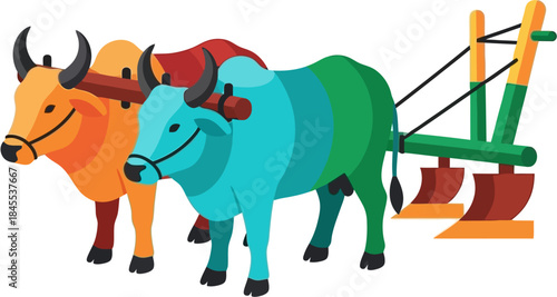 Oxen Plow Wagon Vector Illustration, Traditional Indian Farming Transport Used In Rural Agriculture