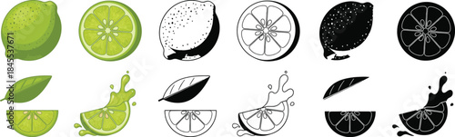 Colorful and black and white lime with leaves and slices lemon citrus fruit green
