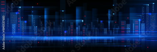 Futuristic city skyline with glowing digital network and neon lights. Abstract tech background with smart buildings, data visualization, cyberpunk architecture and blue holographic city elements.