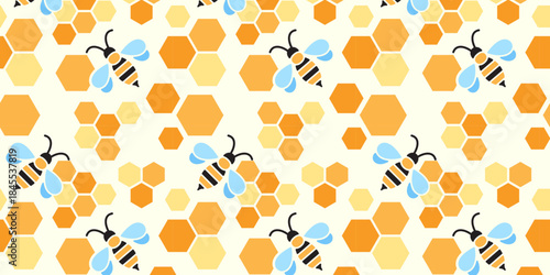 Honeycombs & honeybees seamless pattern. Honeycomb texture.Colorful bright design element. Hexagon geometric shapes. Vector illustration. Pattern for decor, business, various prints, packaging,fabric.