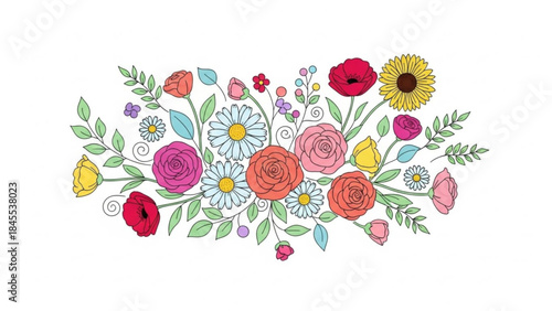 Floral Symphony: A vibrant floral arrangement featuring an array of colorful blossoms and delicate leaves, showcasing the beauty of nature's artistry.