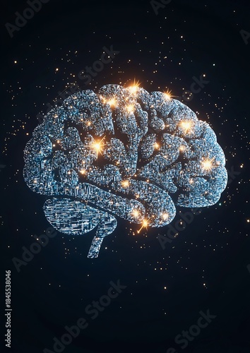Illuminated human brain concept with glowing particles