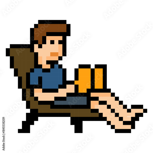 Pixel Man Sitting Reading Book