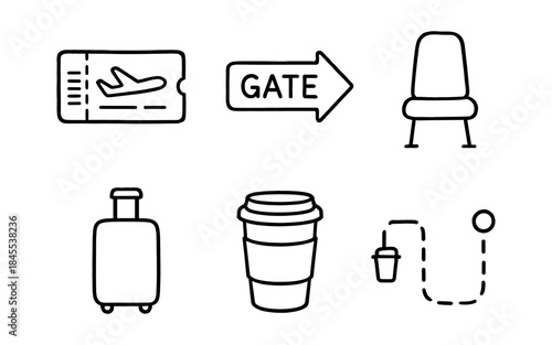 Hand-drawn icons representing airport travel elements like tickets, luggage, and seating