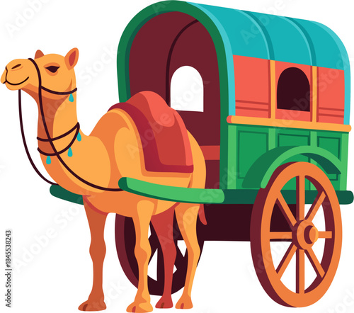 Camel Cart Vector Illustration, Traditional Desert Animal Transport Vehicle From Indian And Asian Culture