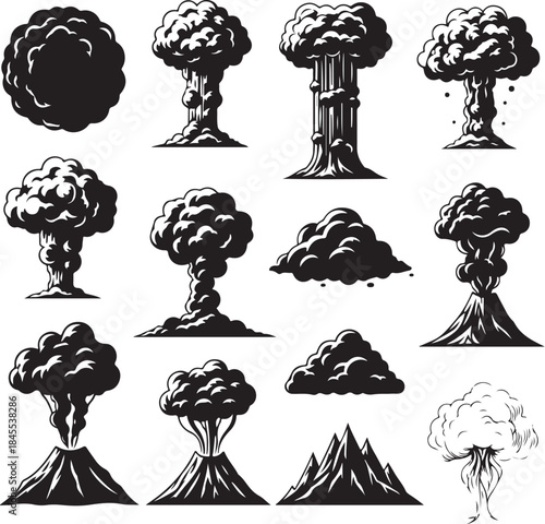 Explosion and volcanic eruption illustrations in black and white