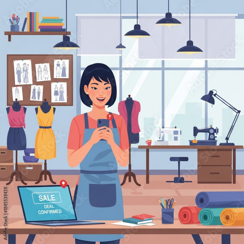 Tailor-Made Dreams: A fashion designer with an apron on and a smartphone, standing in her studio, surrounded by her creations, in the modern studio