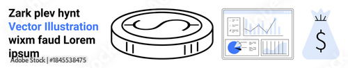 Coin illustration, analytics dashboard with graphs, and money bag symbolizing financial management, data analysis, investments, and budgeting. Ideal for finance tools, fintech, and a simple landing