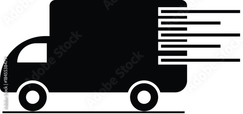Fast delivery truck vector icon in a clean black silhouette style, featuring motion speed lines to represent express shipping and transportation.