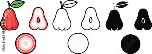 Colorful and black and white pears with cross sections and circular slices fruit red pear