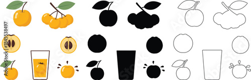 Colorful and black and white peach with juice glasses and peach slices peaches fruit