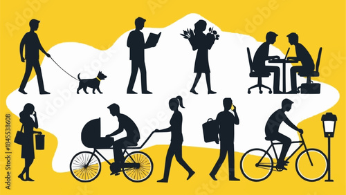 Diverse group of people engaged in various daily activities silhouettes.