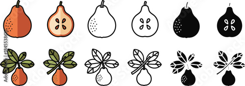 Colorful and black and white pears with leaves in a row fruit