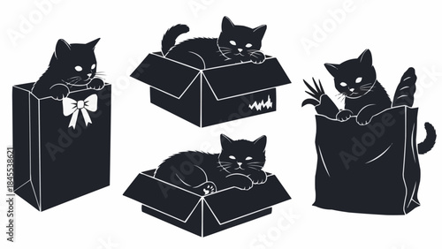 Four Black Cats Silhouettes Playing in Boxes and Bags.