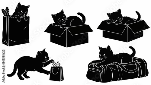 Set of Black Cat Silhouettes in Various Playful Poses.