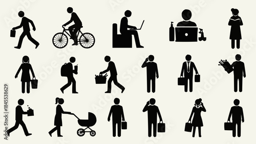 Collection of diverse human silhouette icons representing various activities and professions.