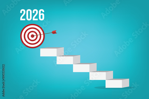 Target for a business year 2026 and red arrow hits center. Business goal achieved.  