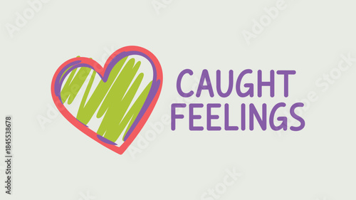 A colorful heart design with purple text caught feelings on a beige background for valentine's day