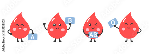 Cute blood drop characters set holding blood type signs A, B, AB, and O. Mascots representing blood donation, transfusion, and healthcare awareness. Vector illustration.