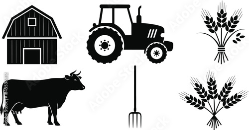 Farm icons including barn tractor cow wheat and tools
