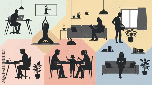People engaged in various home activities including work and leisure.