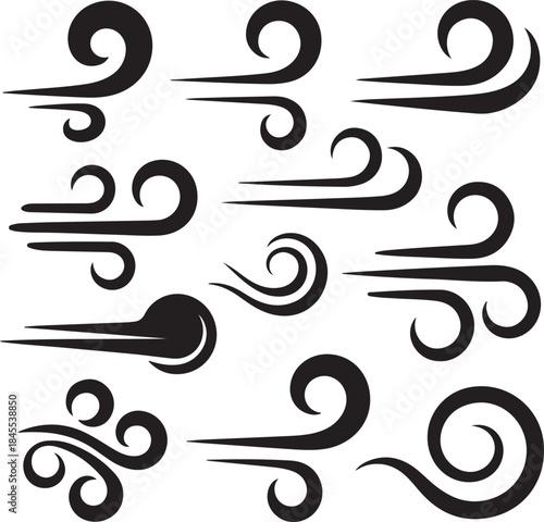 Set of black wind and swirl graphic elements curl wave