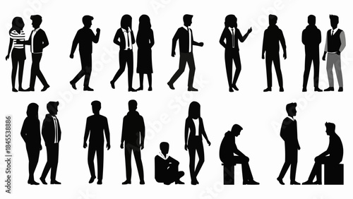 Diverse group of people in various poses and interactions captured in silhouette.